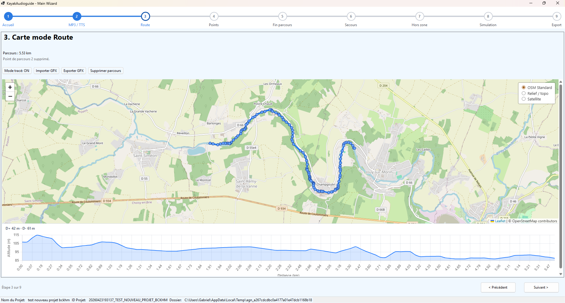 Capture du logiciel Audioguide Nomade affichant la carte et le trace GPS
