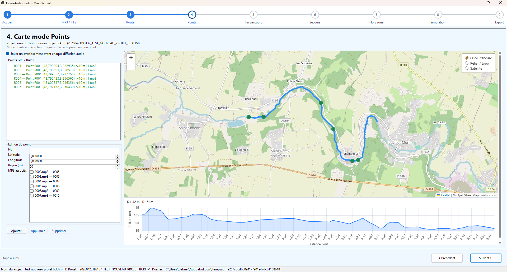 Capture du logiciel Audioguide Nomade affichant la gestion des points audio sur la carte