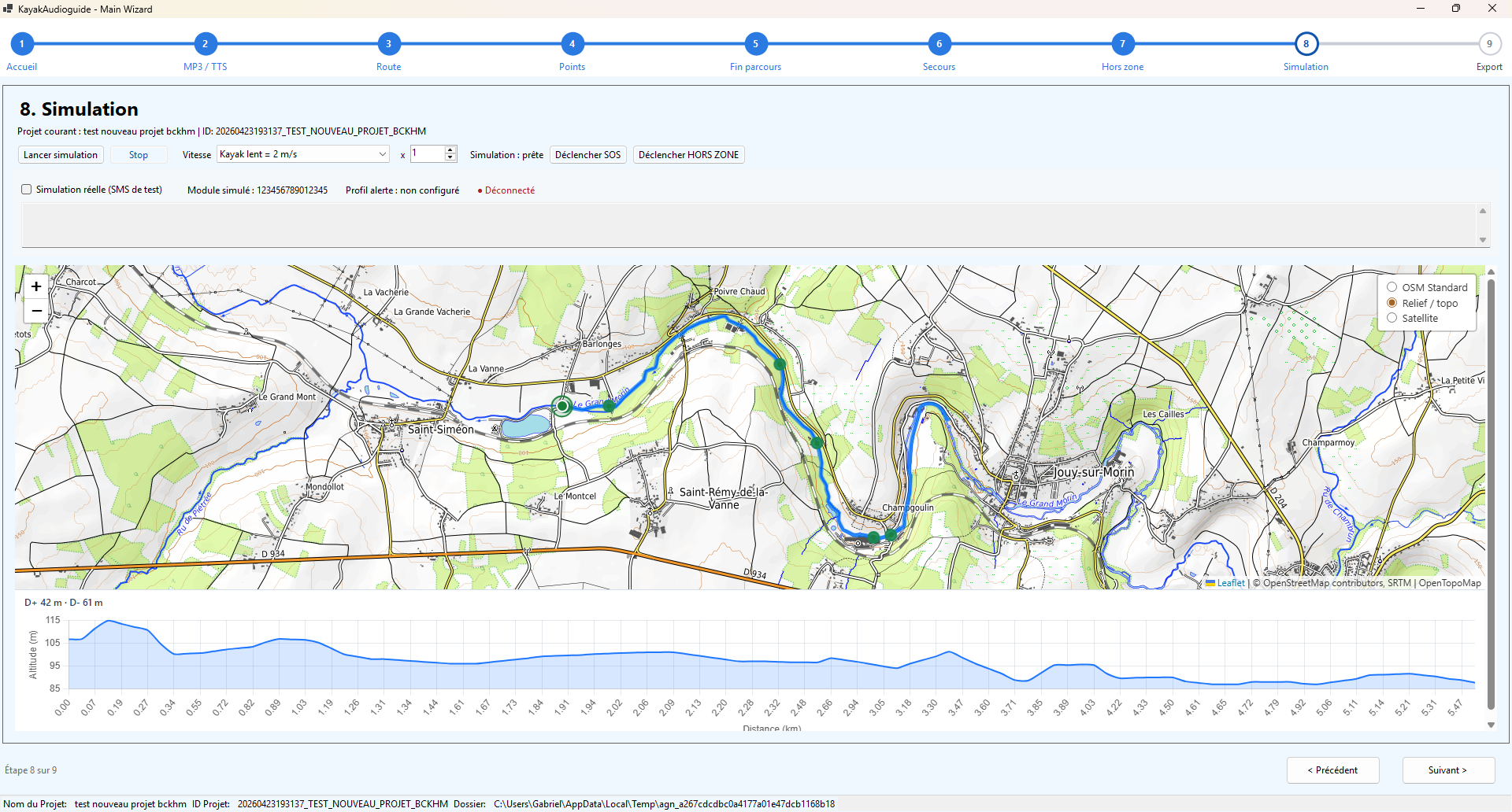 Capture du logiciel Audioguide Nomade affichant la simulation du parcours